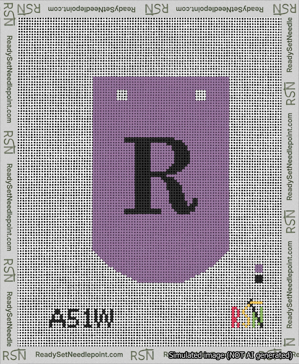 A taped needlepoint canvas with the design: Banner 13 mesh count Curved R Black on Purple.