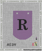 A taped needlepoint canvas with the design: Banner 13 mesh count Curved R Black on Purple.