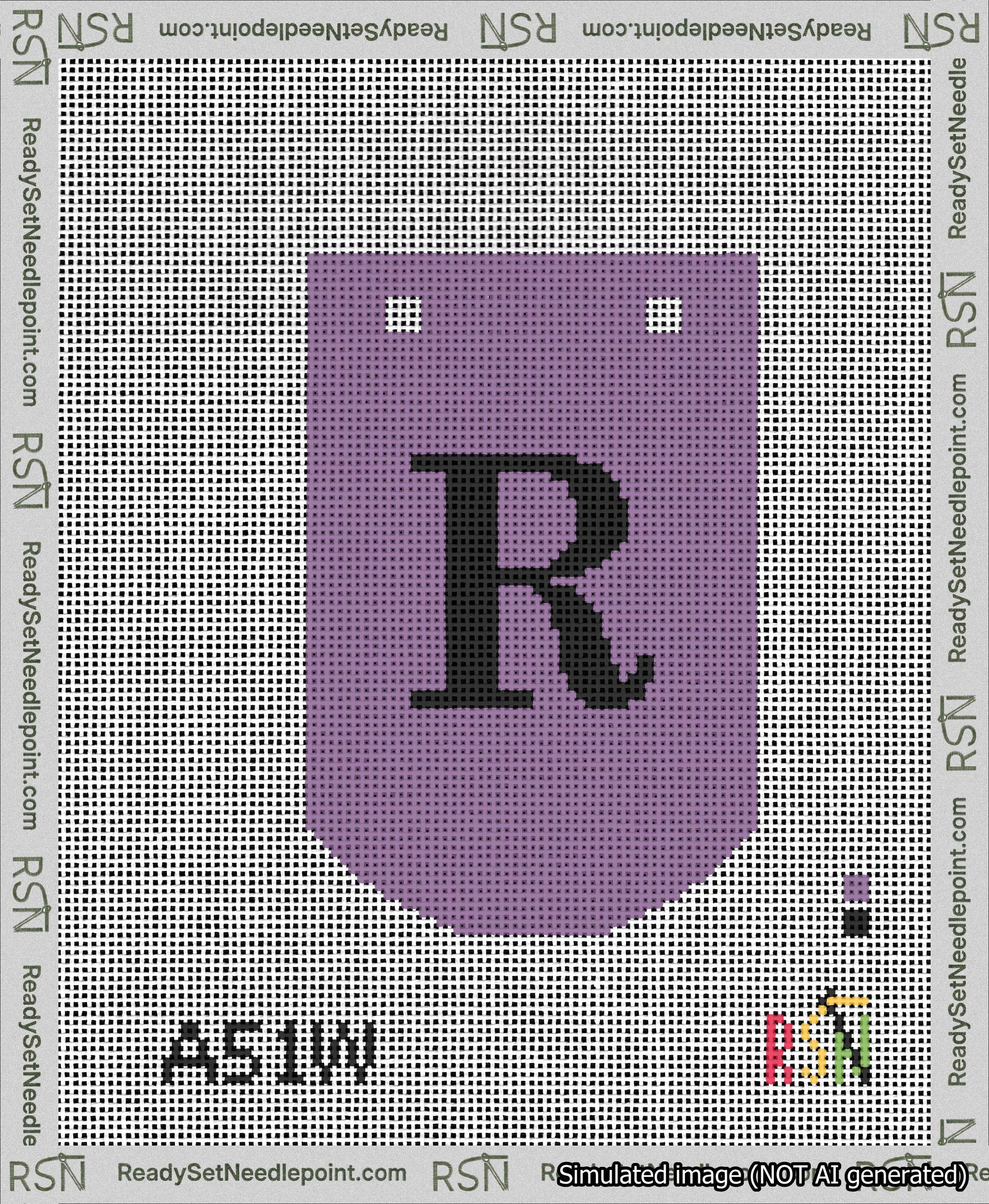A taped needlepoint canvas with the design: Banner 13 mesh count Curved R Black on Purple.