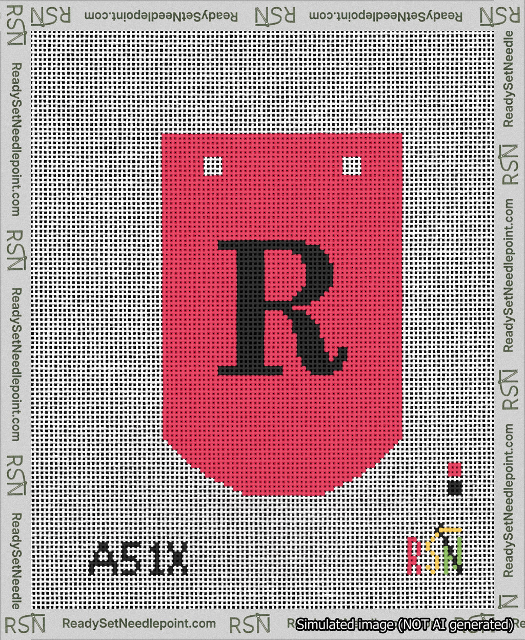 A taped needlepoint canvas with the design: Banner 13 mesh count Curved R Black on Red.