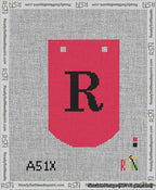 A taped needlepoint canvas with the design: Banner 13 mesh count Curved R Black on Red.