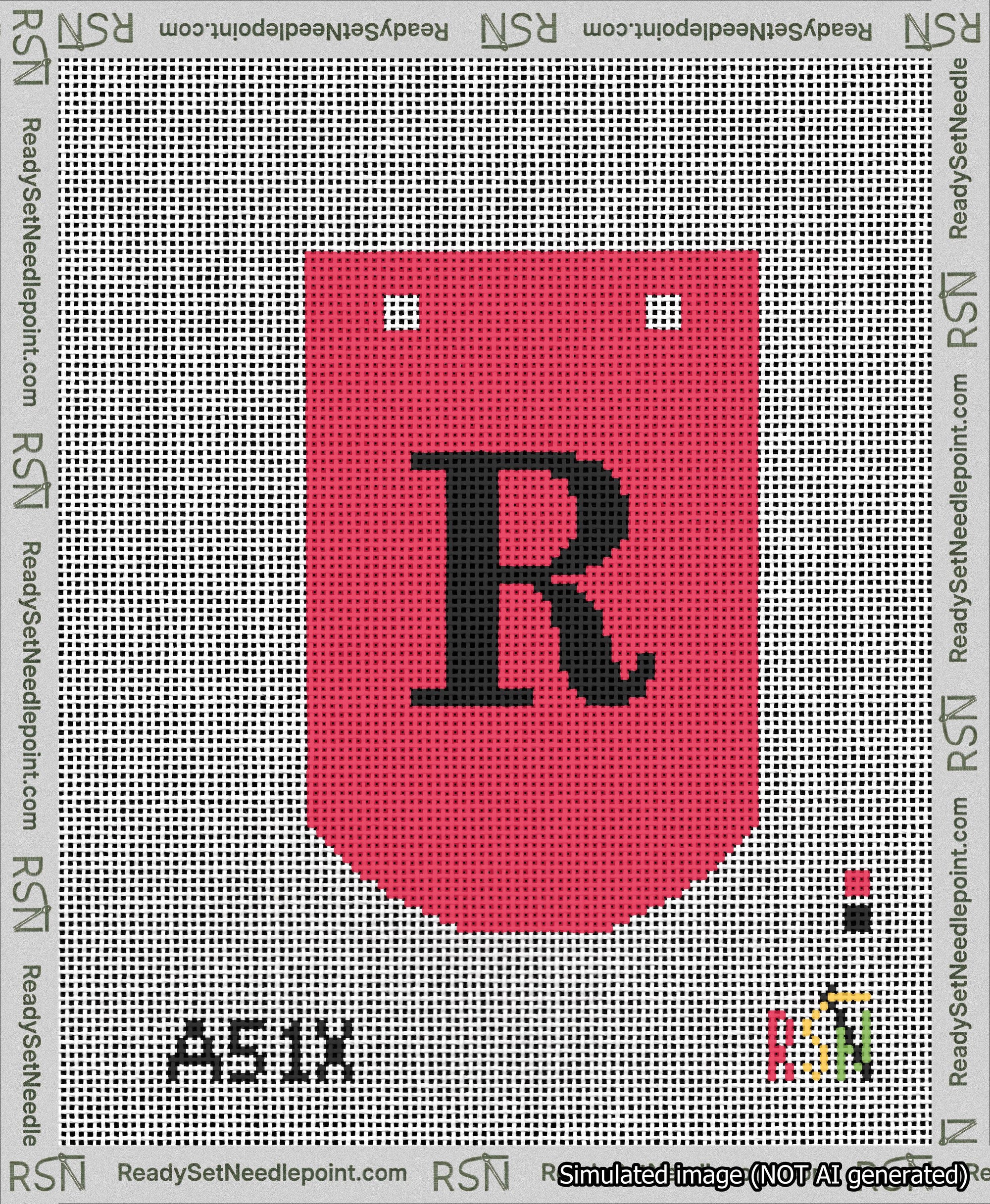 A taped needlepoint canvas with the design: Banner 13 mesh count Curved R Black on Red.