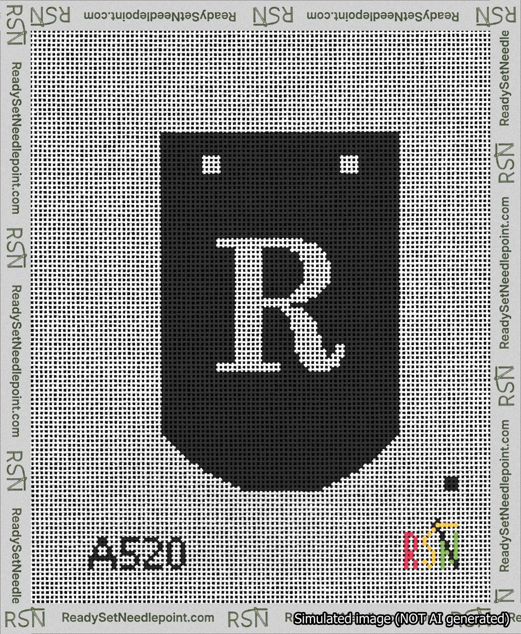 A taped needlepoint canvas with the design: Banner 13 mesh count Curved R White on Black.