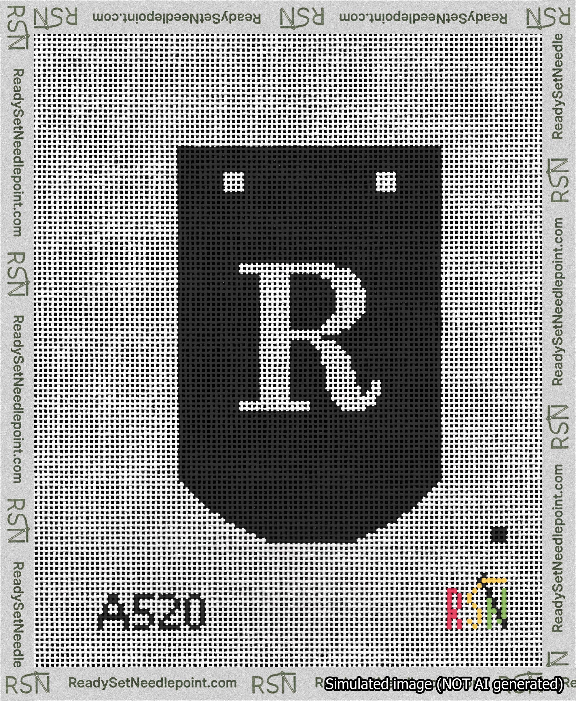 A taped needlepoint canvas with the design: Banner 13 mesh count Curved R White on Black.