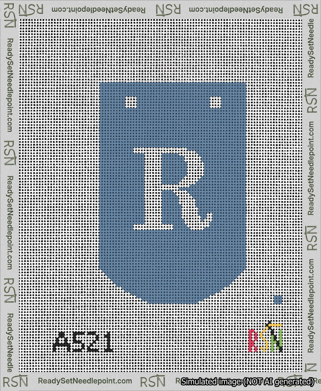 A taped needlepoint canvas with the design: Banner 13 mesh count Curved R White on Blue.