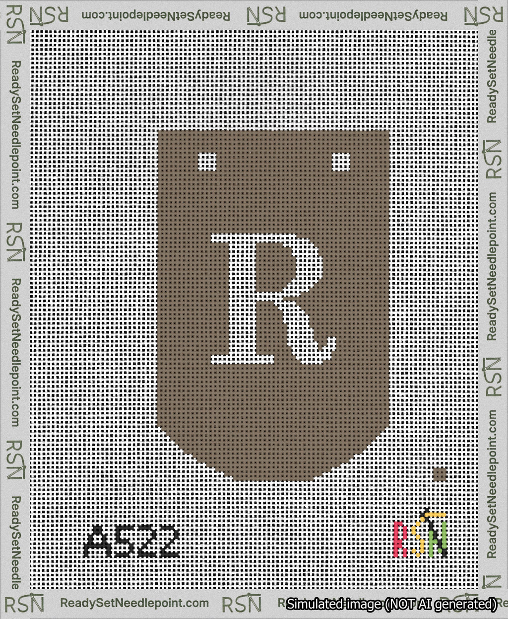 A taped needlepoint canvas with the design: Banner 13 mesh count Curved R White on Brown.
