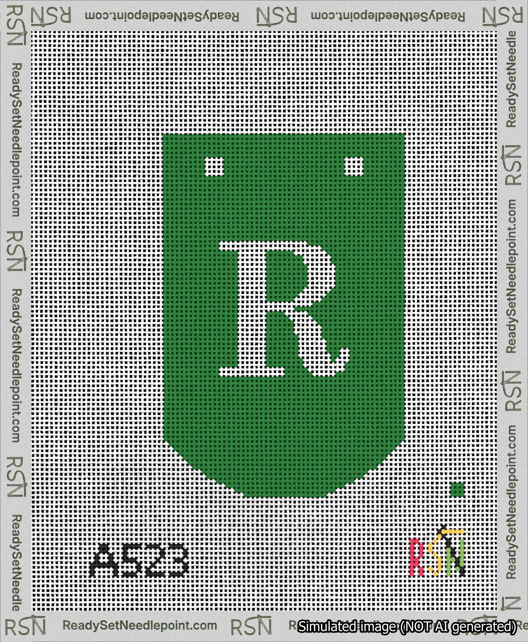 A taped needlepoint canvas with the design: Banner 13 mesh count Curved R White on Green.