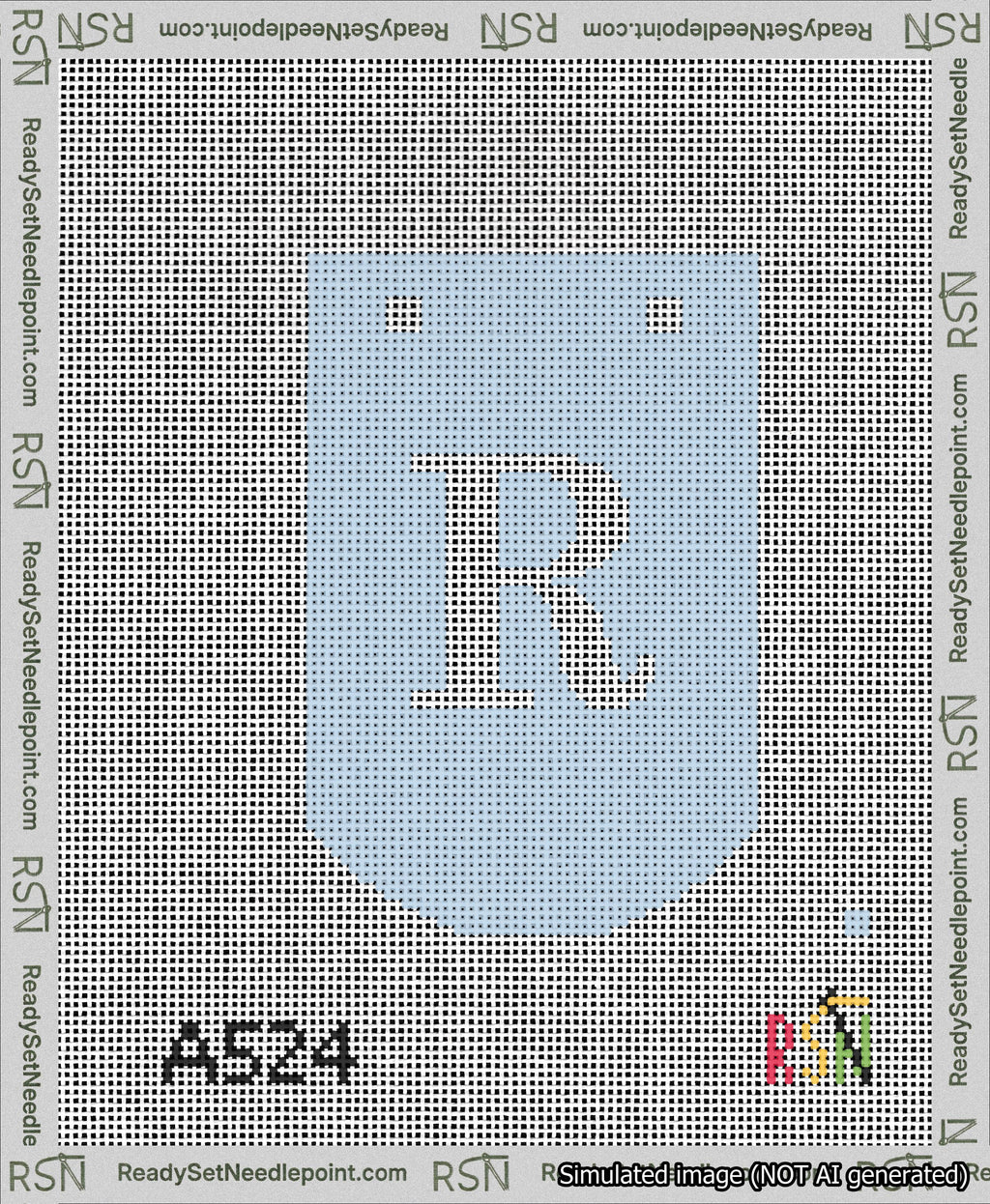 A taped needlepoint canvas with the design: Banner 13 mesh count Curved R White on Light Blue.
