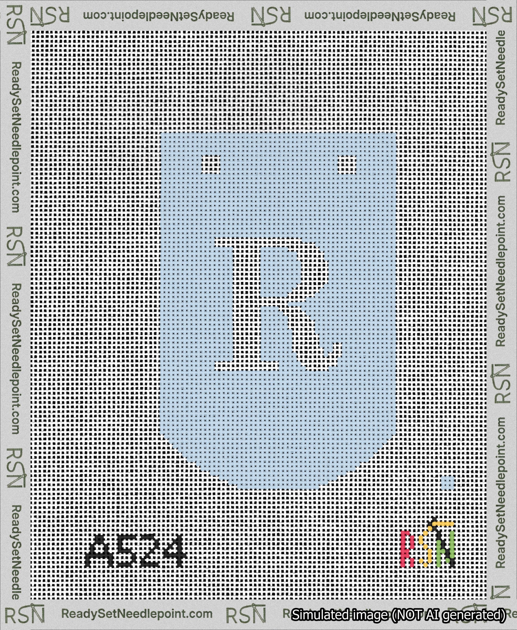 A taped needlepoint canvas with the design: Banner 13 mesh count Curved R White on Light Blue.