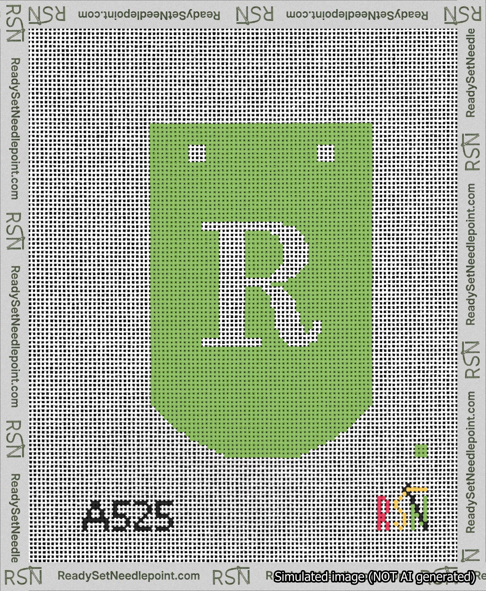 A taped needlepoint canvas with the design: Banner 13 mesh count Curved R White on Light Green.