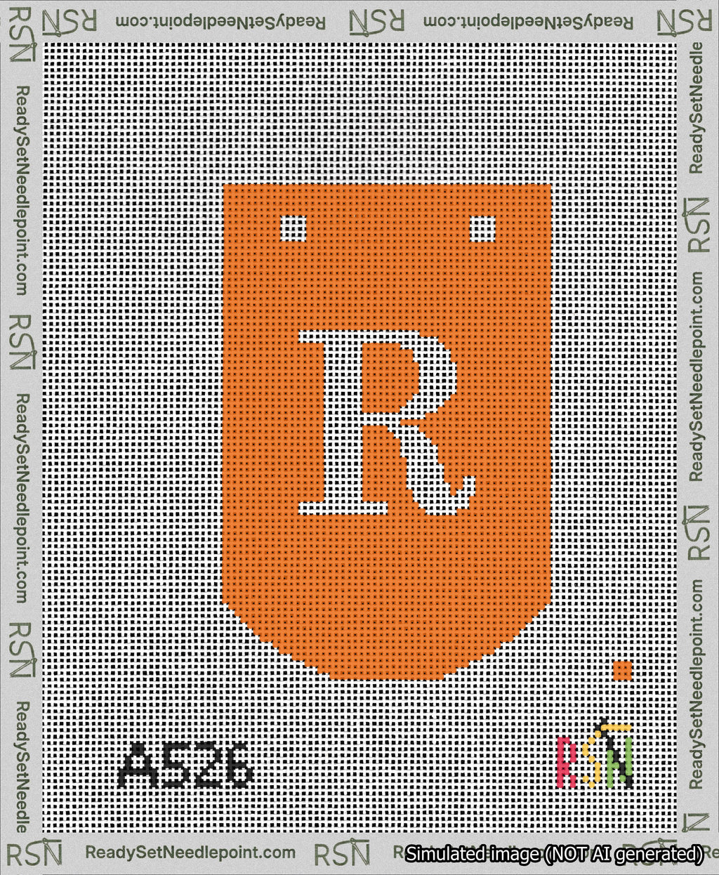 A taped needlepoint canvas with the design: Banner 13 mesh count Curved R White on Orange.