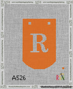A taped needlepoint canvas with the design: Banner 13 mesh count Curved R White on Orange.