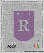 A taped needlepoint canvas with the design: Banner 13 mesh count Curved R White on Purple.