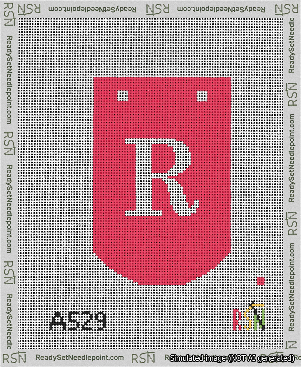 A taped needlepoint canvas with the design: Banner 13 mesh count Curved R White on Red.