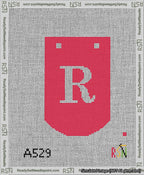 A taped needlepoint canvas with the design: Banner 13 mesh count Curved R White on Red.