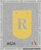 A taped needlepoint canvas with the design: Banner 13 mesh count Curved R White on Yellow.