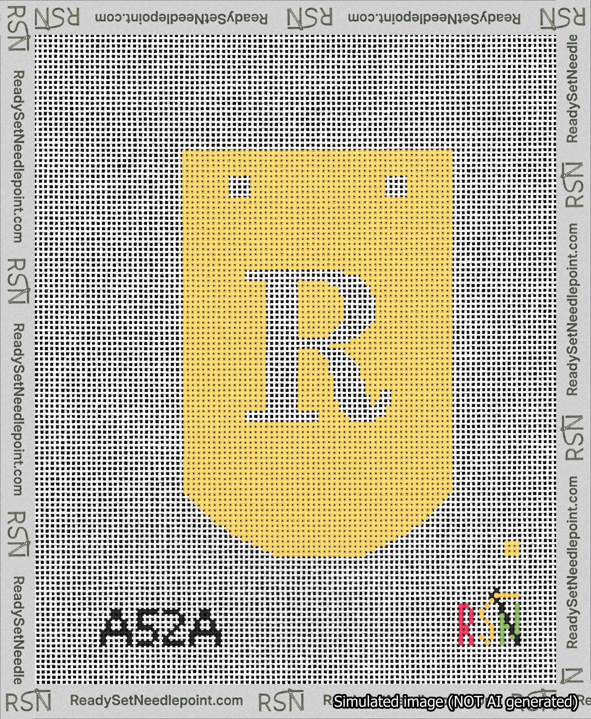 A taped needlepoint canvas with the design: Banner 13 mesh count Curved R White on Yellow.