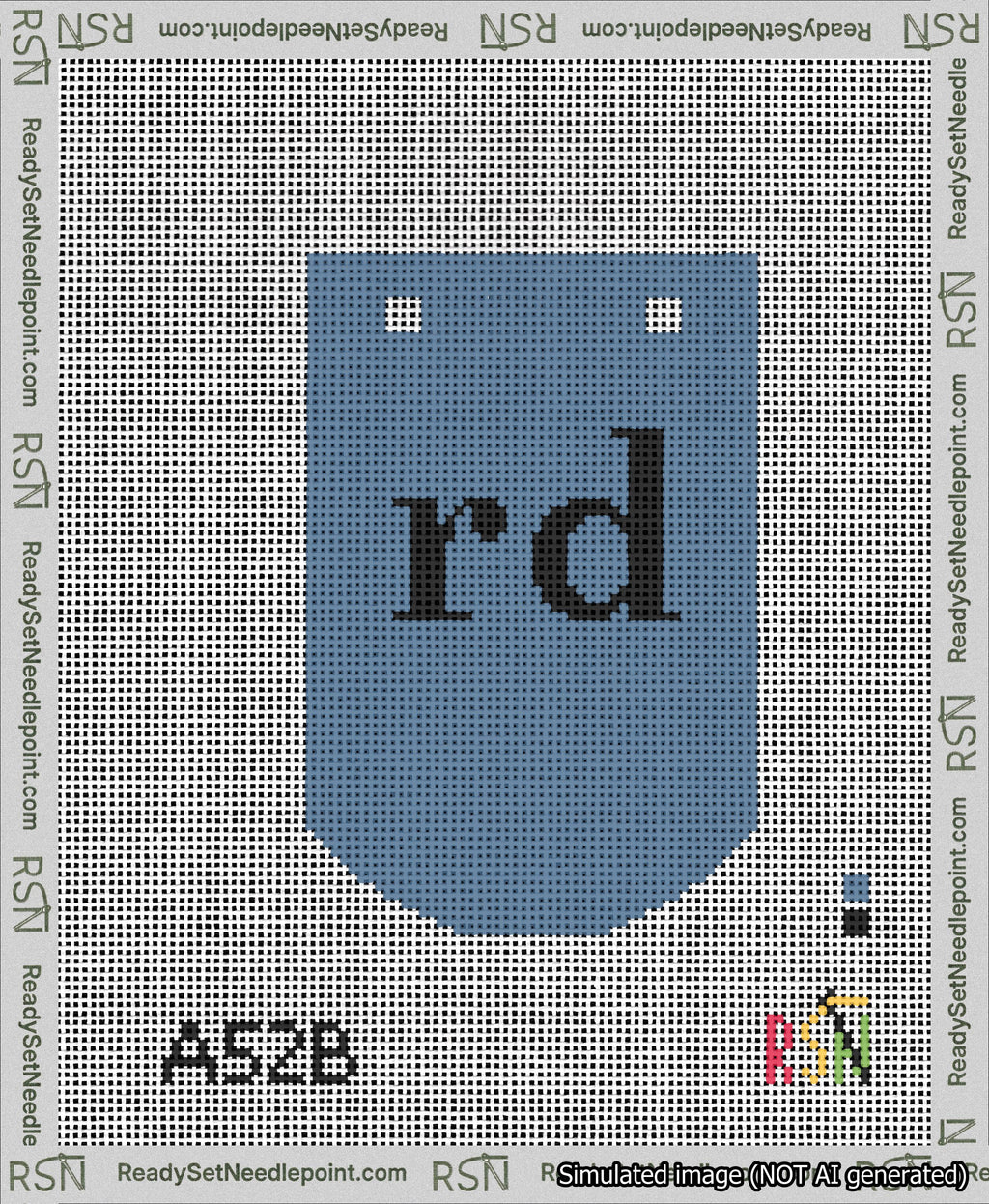 A taped needlepoint canvas with the design: Banner 13 mesh count Curved rd Black on Blue.