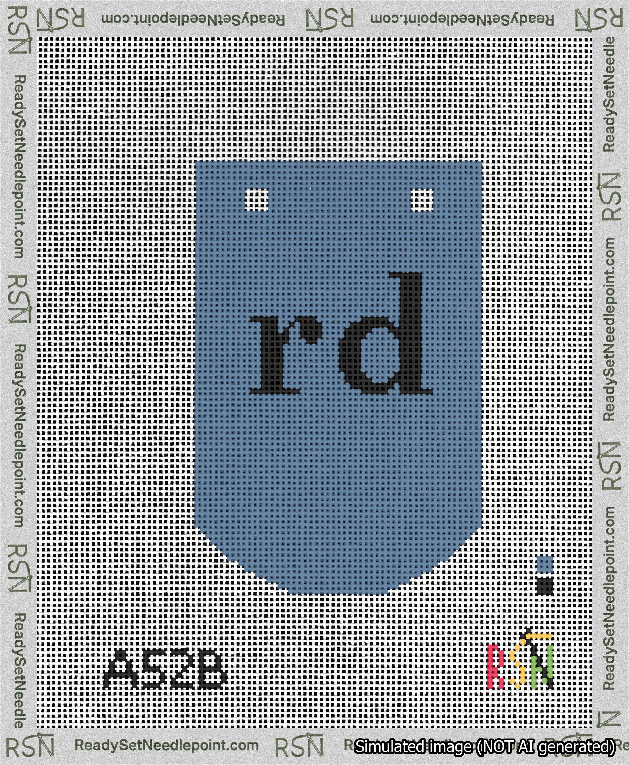 A taped needlepoint canvas with the design: Banner 13 mesh count Curved rd Black on Blue.