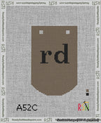A taped needlepoint canvas with the design: Banner 13 mesh count Curved rd Black on Brown.