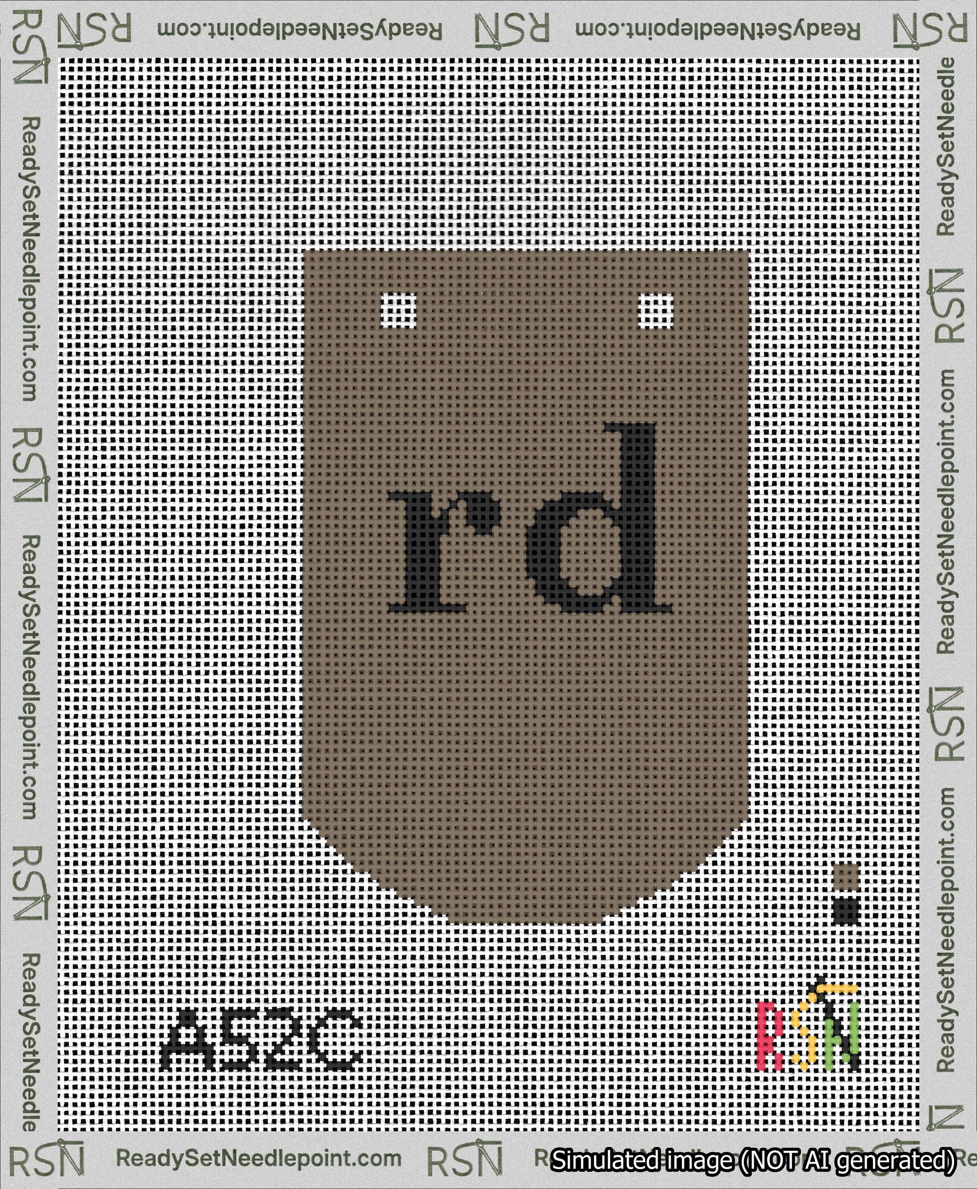A taped needlepoint canvas with the design: Banner 13 mesh count Curved rd Black on Brown.