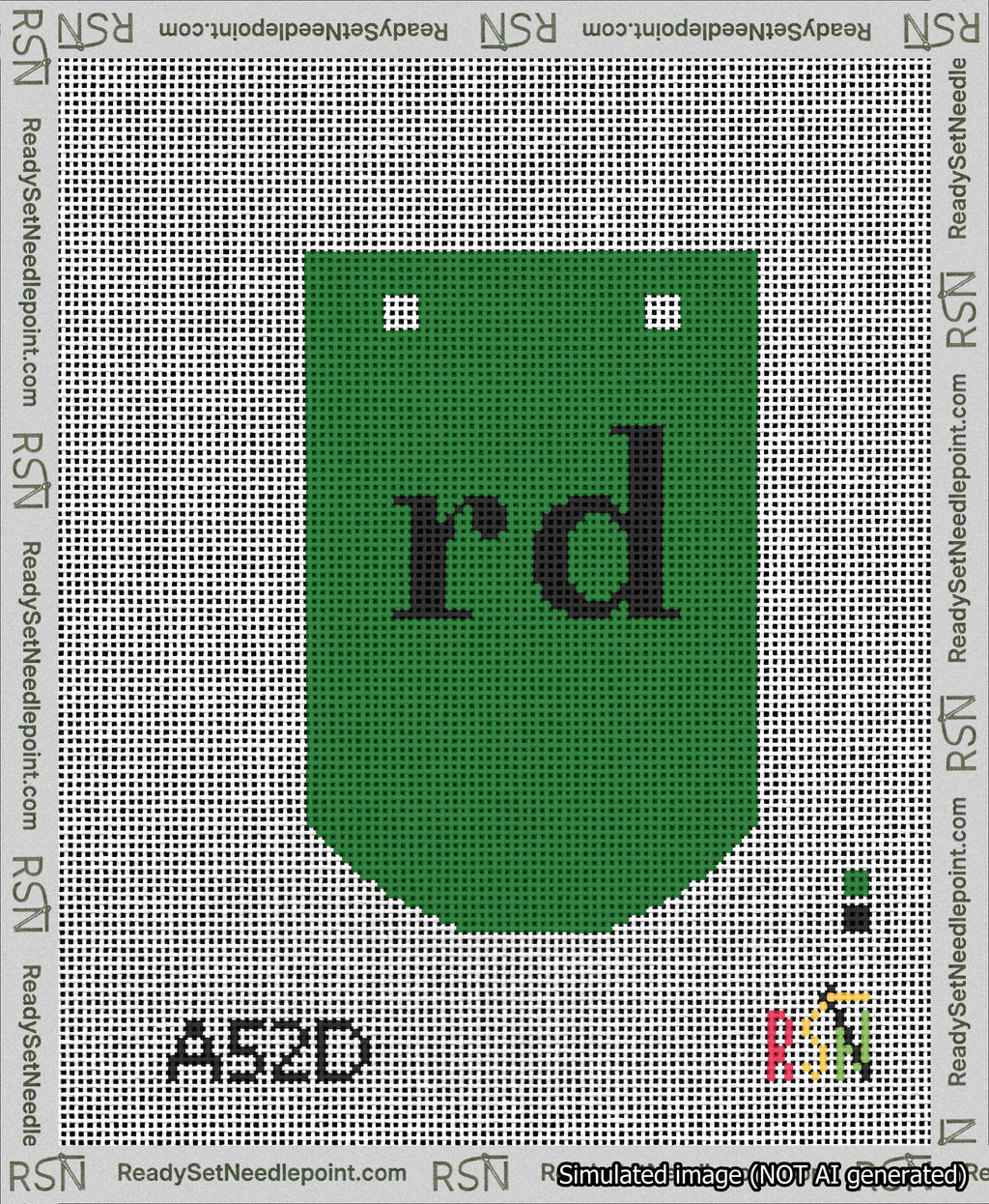 A taped needlepoint canvas with the design: Banner 13 mesh count Curved rd Black on Green.