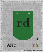 A taped needlepoint canvas with the design: Banner 13 mesh count Curved rd Black on Green.