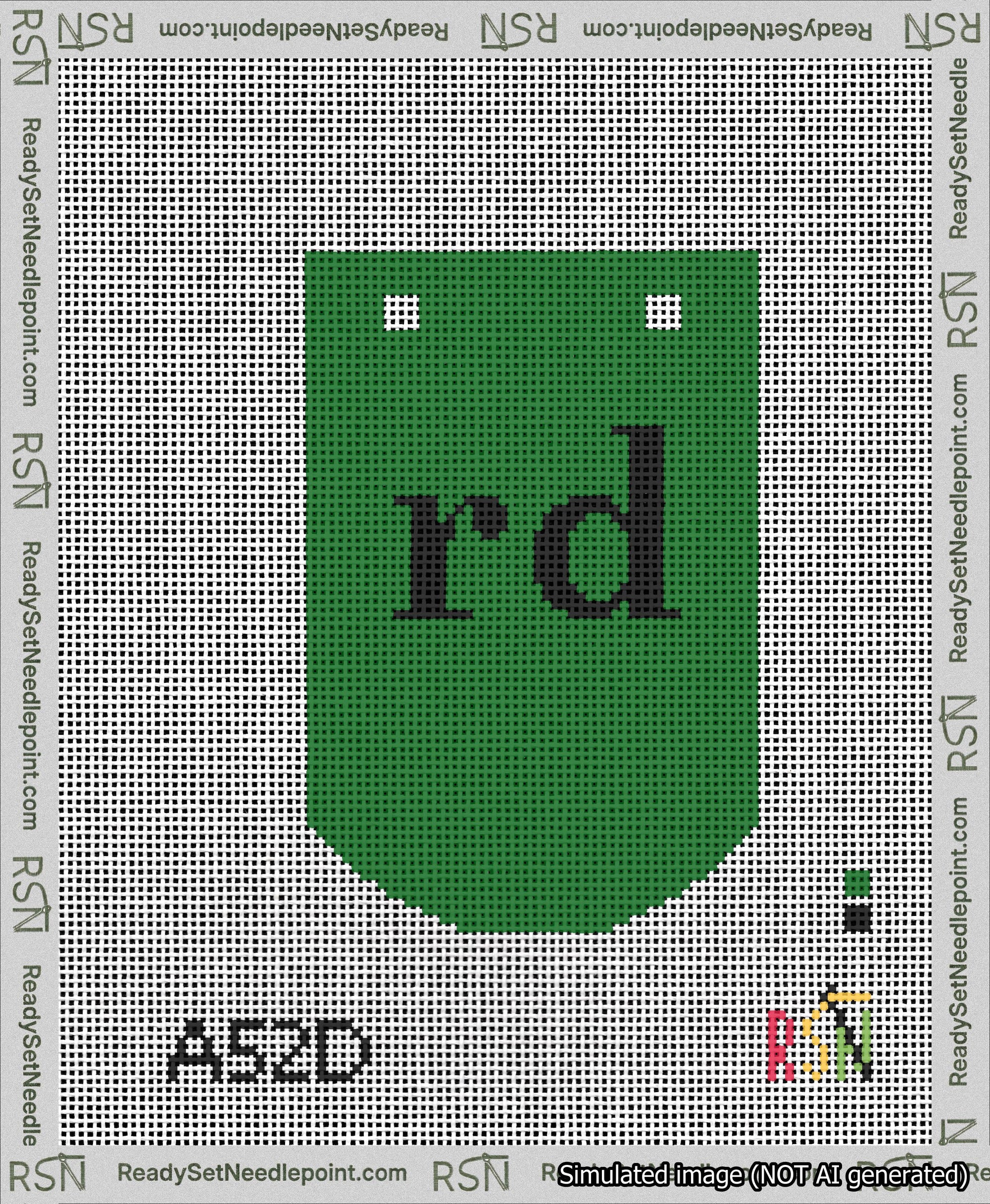 A taped needlepoint canvas with the design: Banner 13 mesh count Curved rd Black on Green.