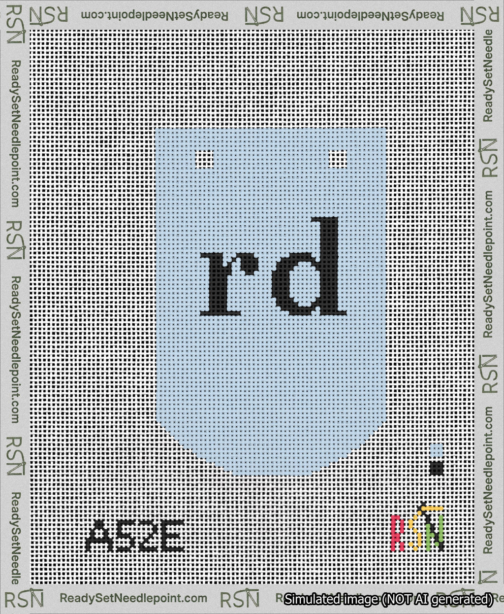 A taped needlepoint canvas with the design: Banner 13 mesh count Curved rd Black on Light Blue.
