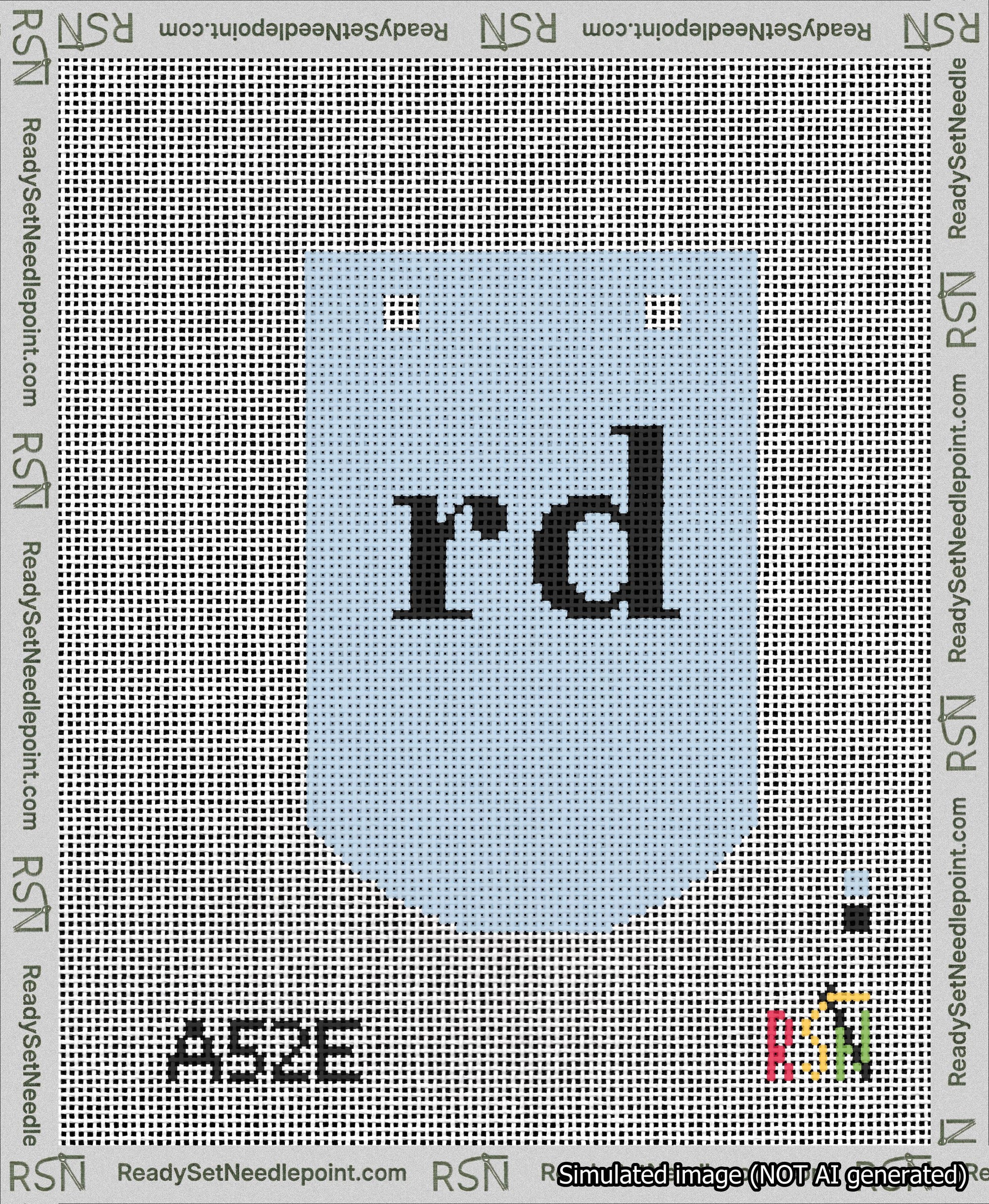 A taped needlepoint canvas with the design: Banner 13 mesh count Curved rd Black on Light Blue.