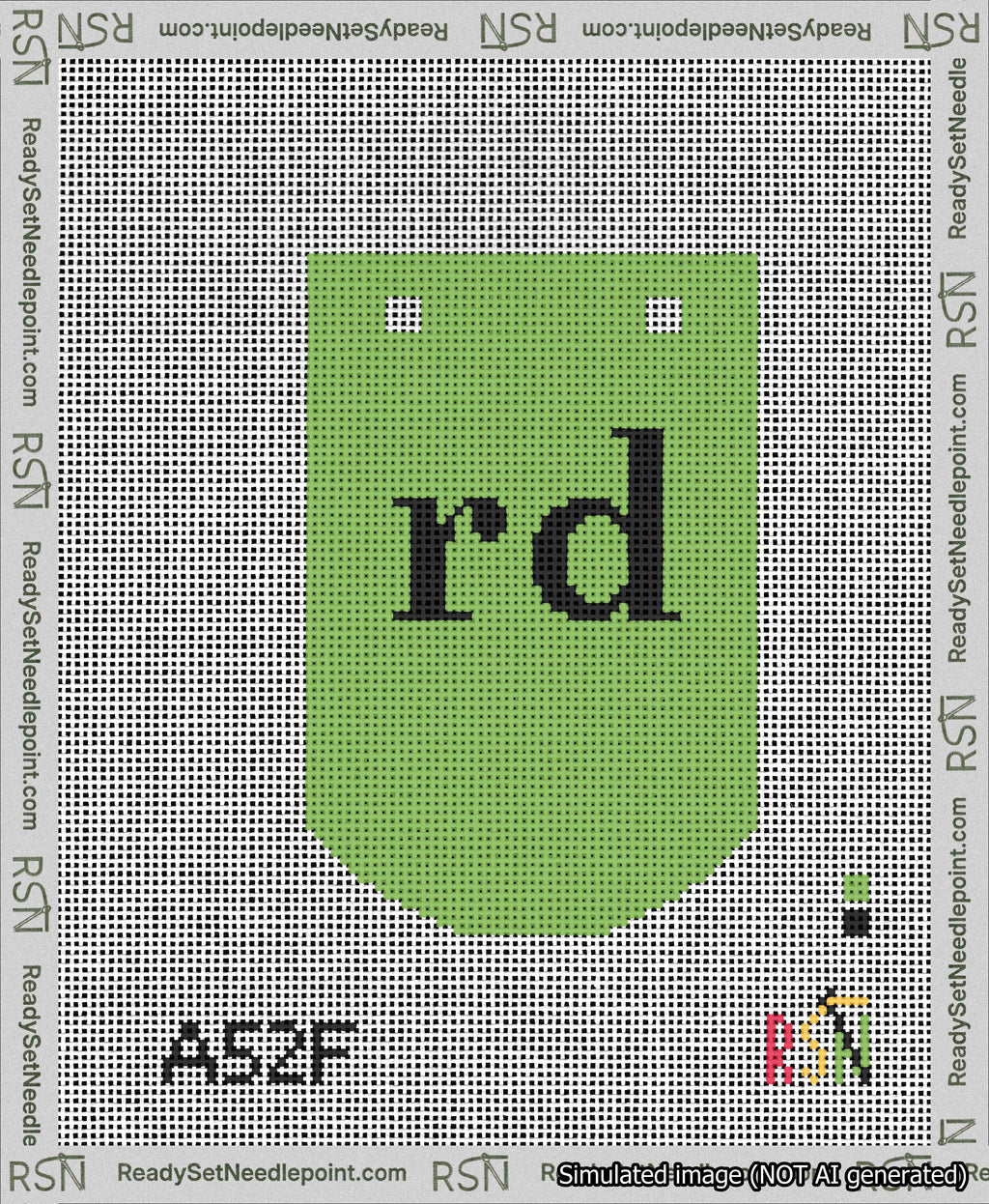 A taped needlepoint canvas with the design: Banner 13 mesh count Curved rd Black on Light Green.