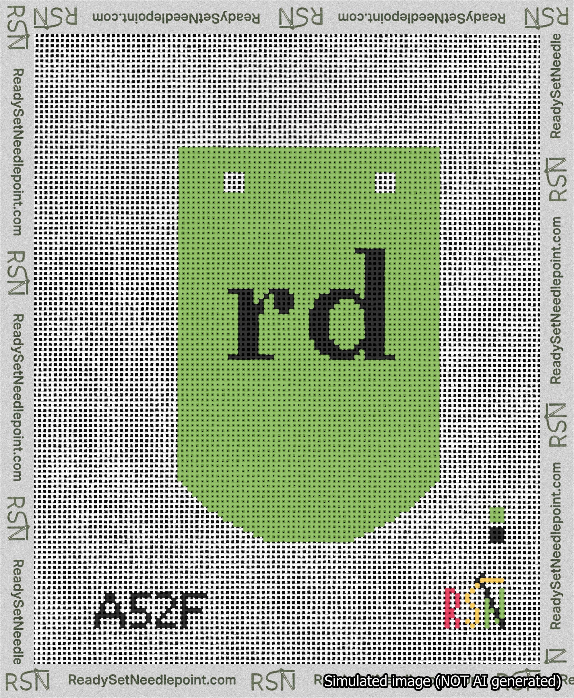 A taped needlepoint canvas with the design: Banner 13 mesh count Curved rd Black on Light Green.