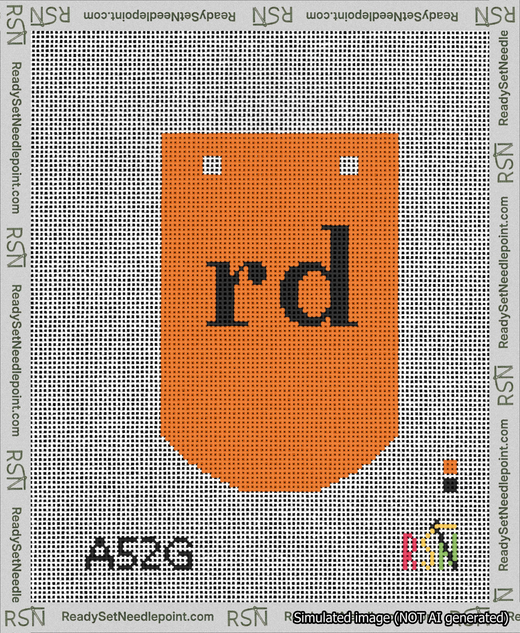A taped needlepoint canvas with the design: Banner 13 mesh count Curved rd Black on Orange.