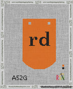 A taped needlepoint canvas with the design: Banner 13 mesh count Curved rd Black on Orange.
