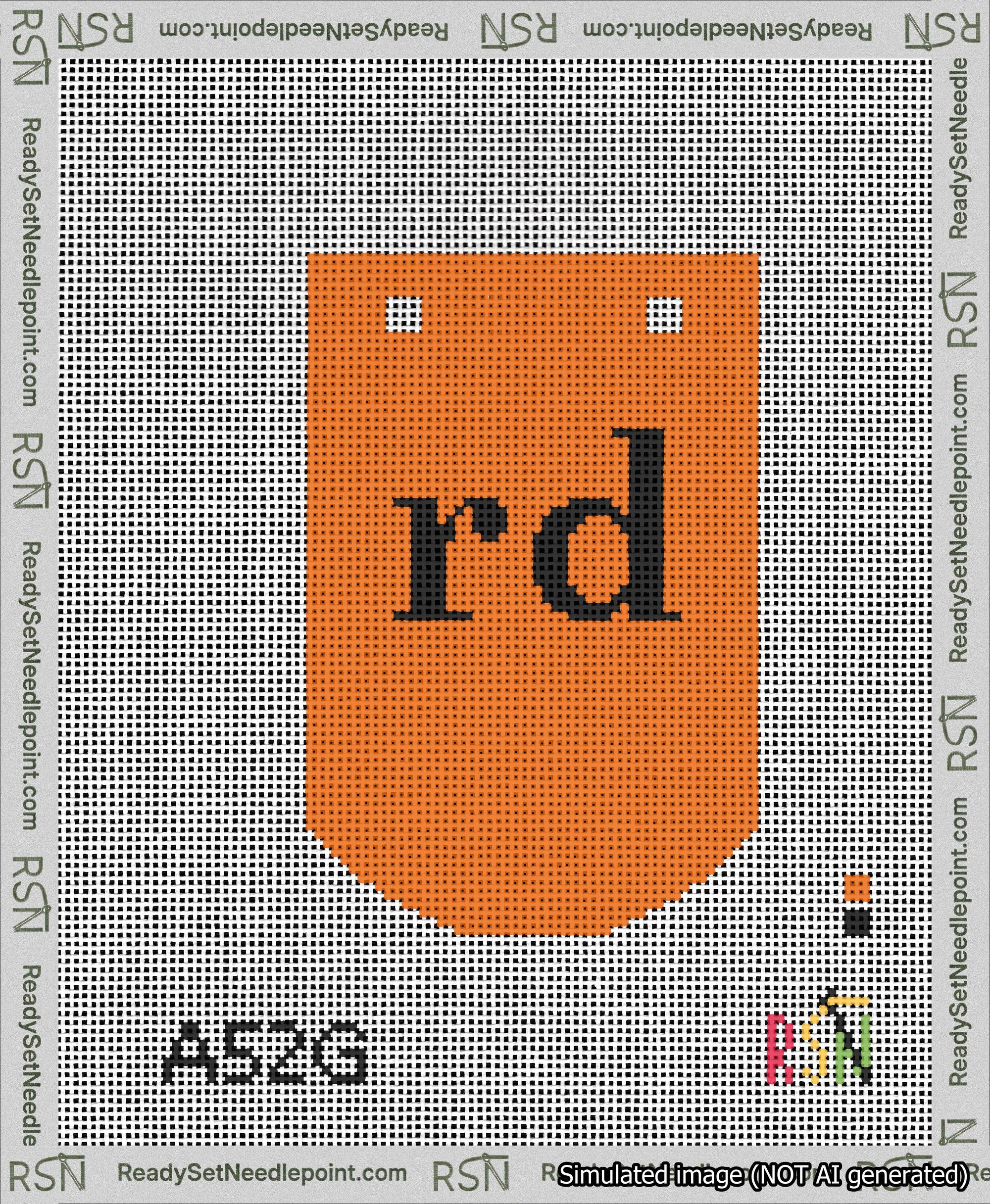 A taped needlepoint canvas with the design: Banner 13 mesh count Curved rd Black on Orange.