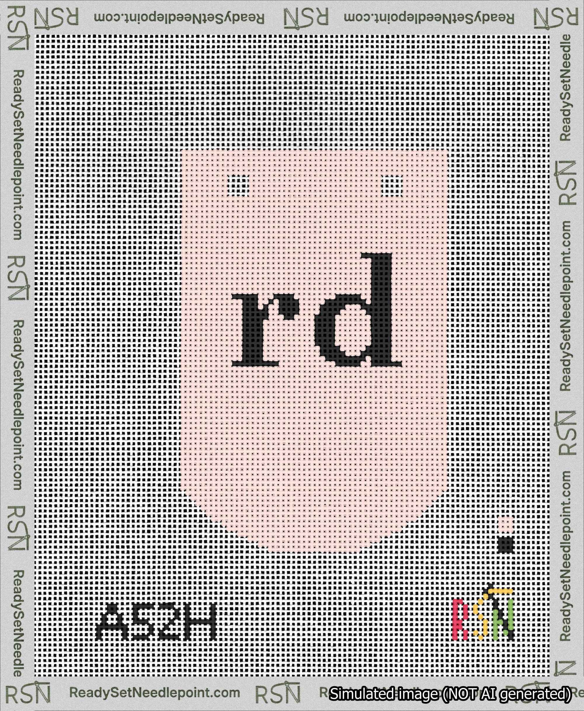 A taped needlepoint canvas with the design: Banner 13 mesh count Curved rd Black on Pink.