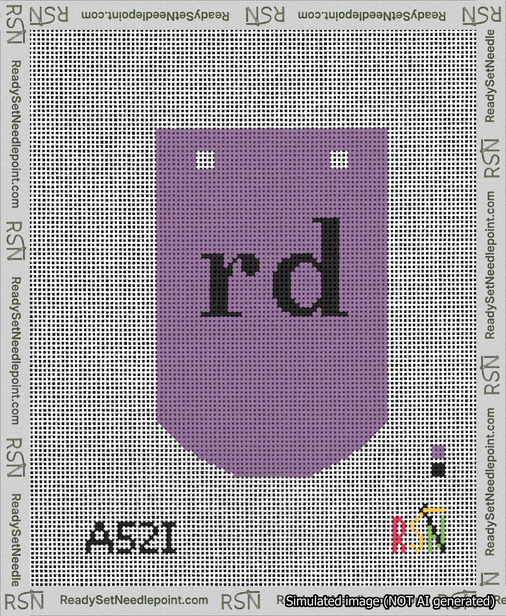 A taped needlepoint canvas with the design: Banner 13 mesh count Curved rd Black on Purple.