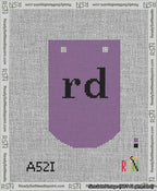 A taped needlepoint canvas with the design: Banner 13 mesh count Curved rd Black on Purple.