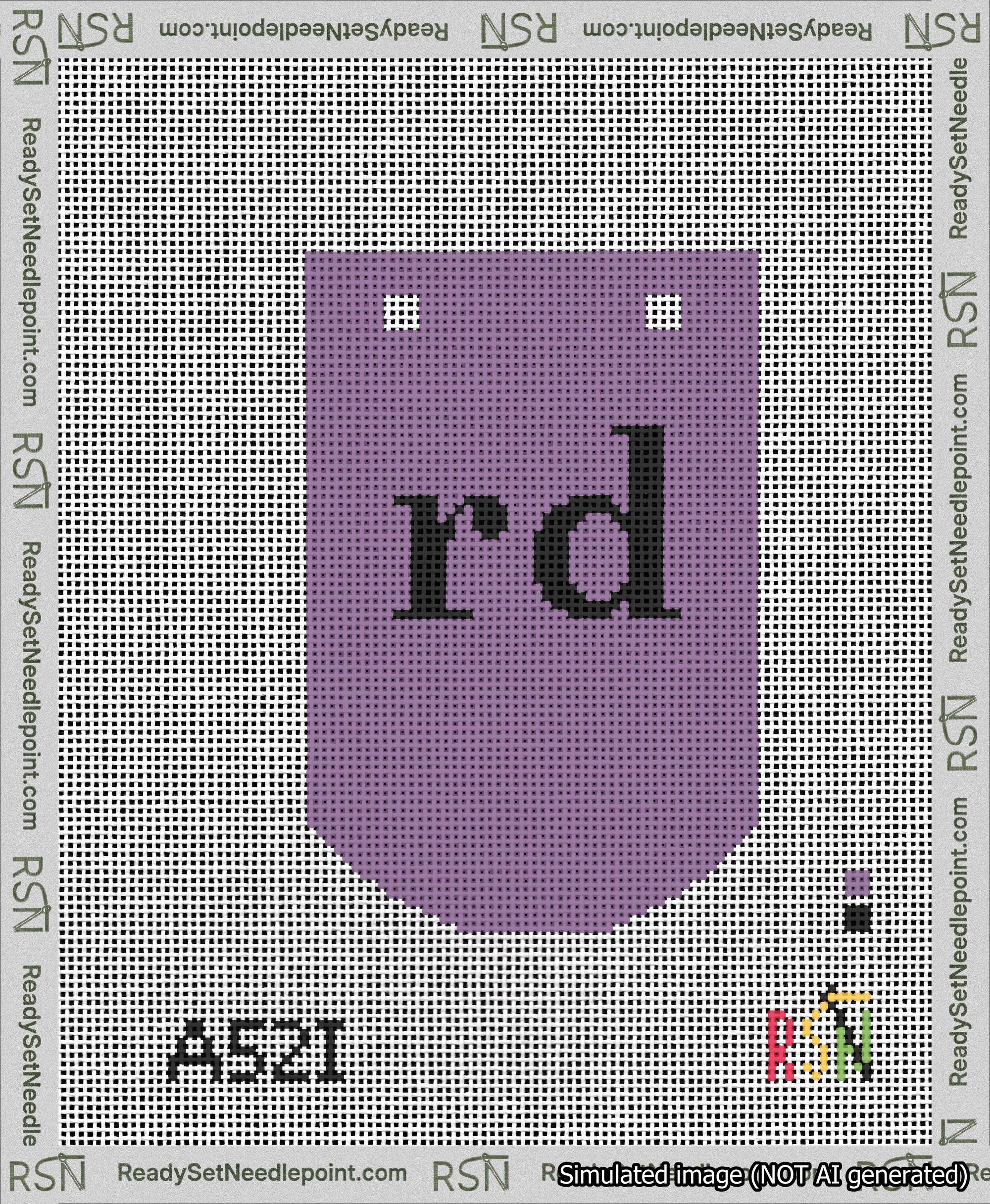 A taped needlepoint canvas with the design: Banner 13 mesh count Curved rd Black on Purple.