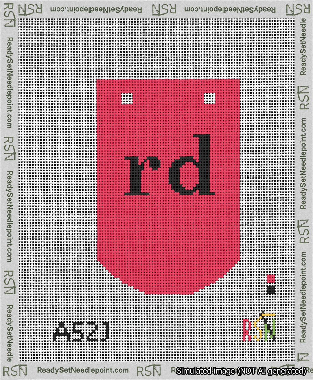 A taped needlepoint canvas with the design: Banner 13 mesh count Curved rd Black on Red.