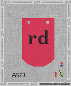 A taped needlepoint canvas with the design: Banner 13 mesh count Curved rd Black on Red.