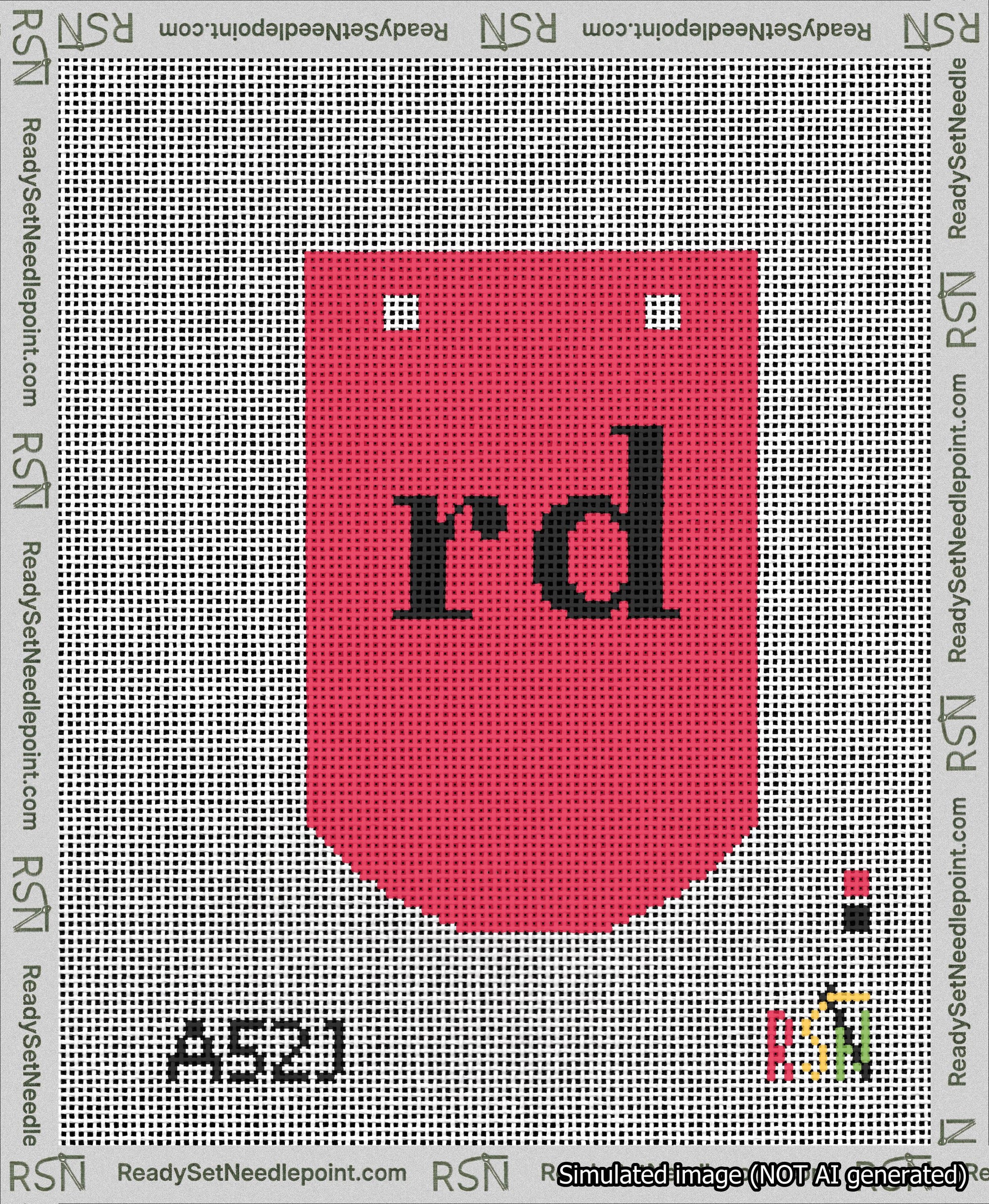 A taped needlepoint canvas with the design: Banner 13 mesh count Curved rd Black on Red.