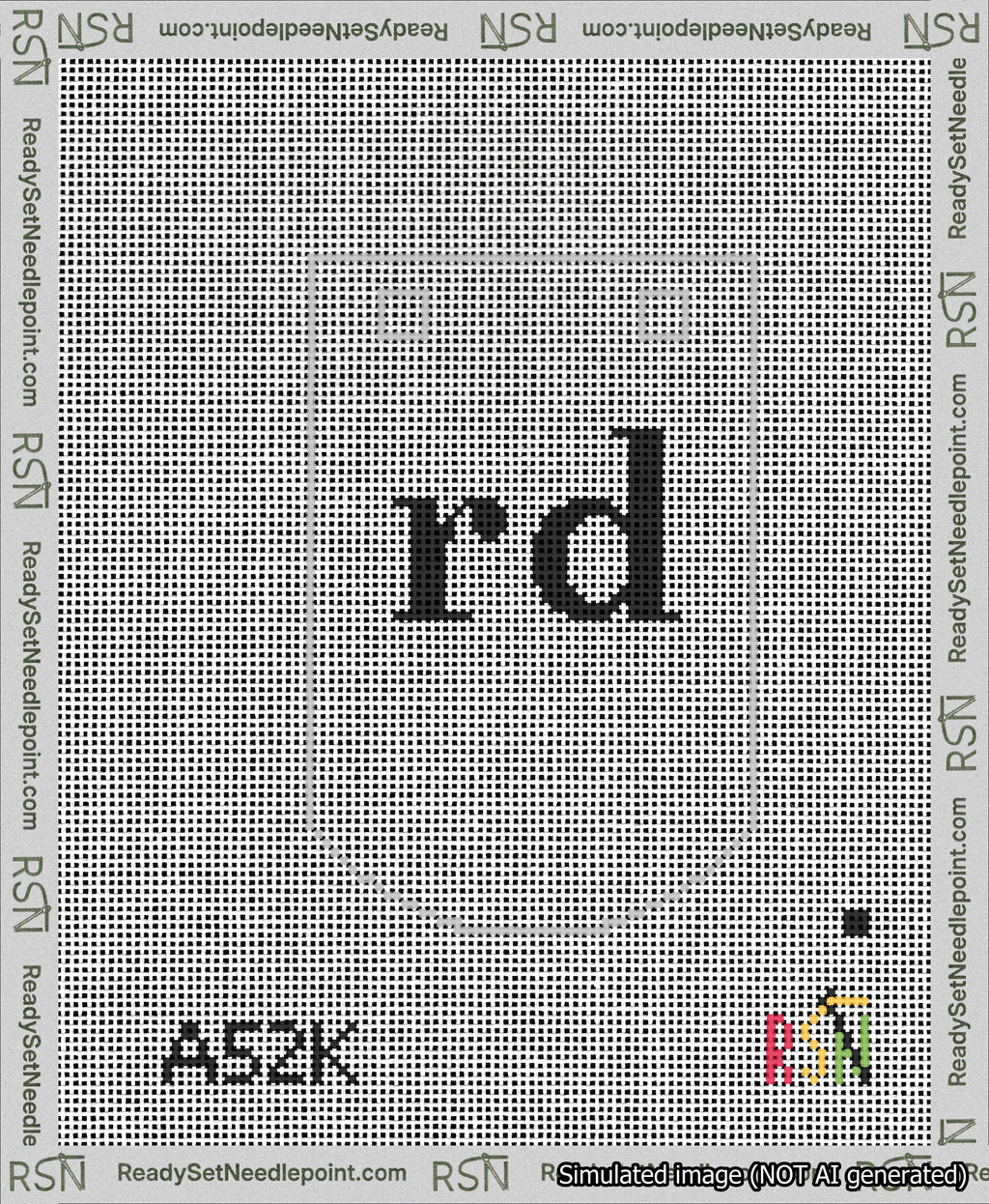 A taped needlepoint canvas with the design: Banner 13 mesh count Curved rd Black on White.