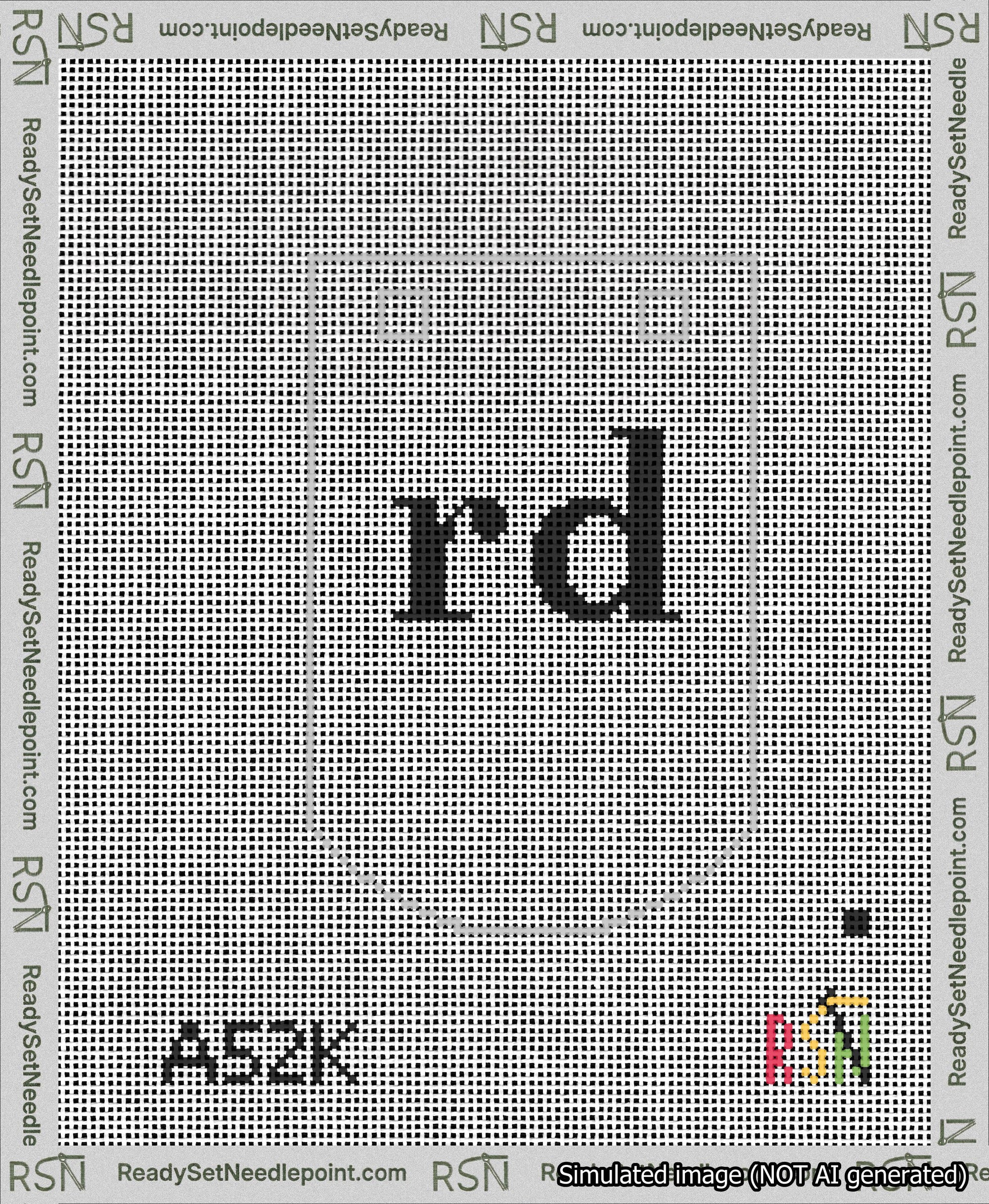 A taped needlepoint canvas with the design: Banner 13 mesh count Curved rd Black on White.