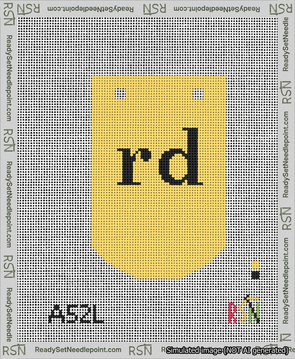 A taped needlepoint canvas with the design: Banner 13 mesh count Curved rd Black on Yellow.