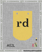 A taped needlepoint canvas with the design: Banner 13 mesh count Curved rd Black on Yellow.