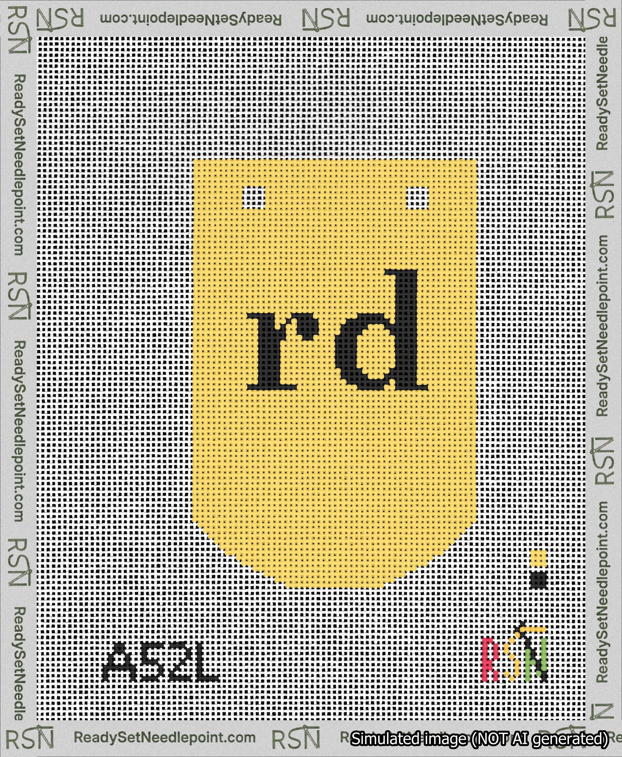 A taped needlepoint canvas with the design: Banner 13 mesh count Curved rd Black on Yellow.