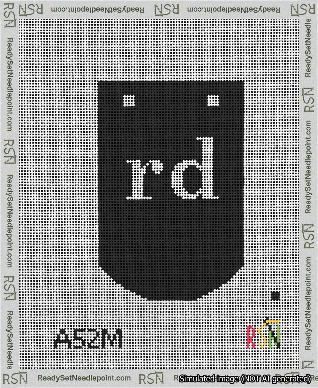 A taped needlepoint canvas with the design: Banner 13 mesh count Curved rd White on Black.