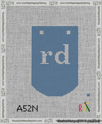 A taped needlepoint canvas with the design: Banner 13 mesh count Curved rd White on Blue.
