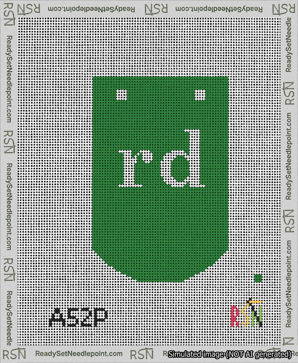 A taped needlepoint canvas with the design: Banner 13 mesh count Curved rd White on Green.